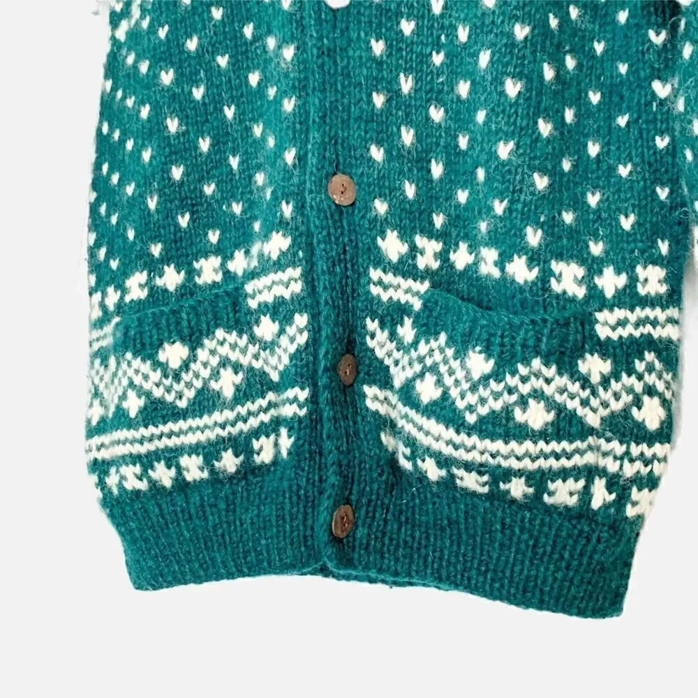 Vintage Joseph Anthony Collection Handknitted Wool Cardigan Sweater Green Cream